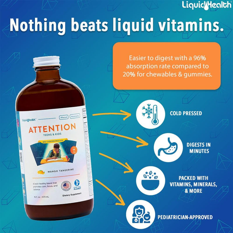 LIQUIDHEALTH Mega Energy B-Complex & Attention Teens & Kids Liquid Vitamin Bundle for Children - Improve Focus & Concentration, Boost Mood, Increase Natural Energy Levels - Vegan, Non-GMO, USA Made