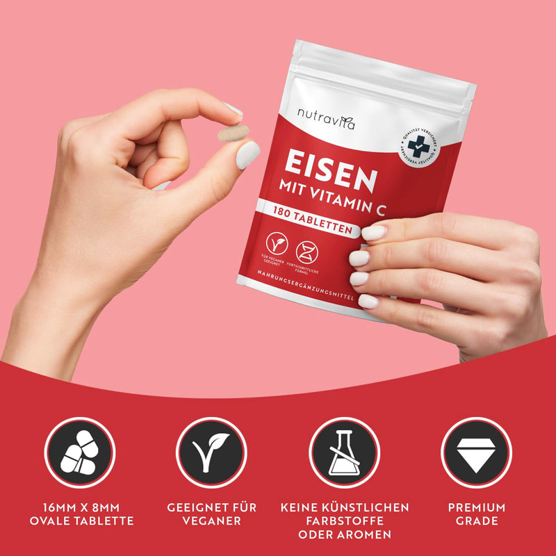 [Australia] - Iron tablets with 40 mg iron + vitamin C (80 mg) - 180 vegan tablets - iron vitamin C high dose - without unwanted additives - 6 month supply - Manufactured by Nutravita 