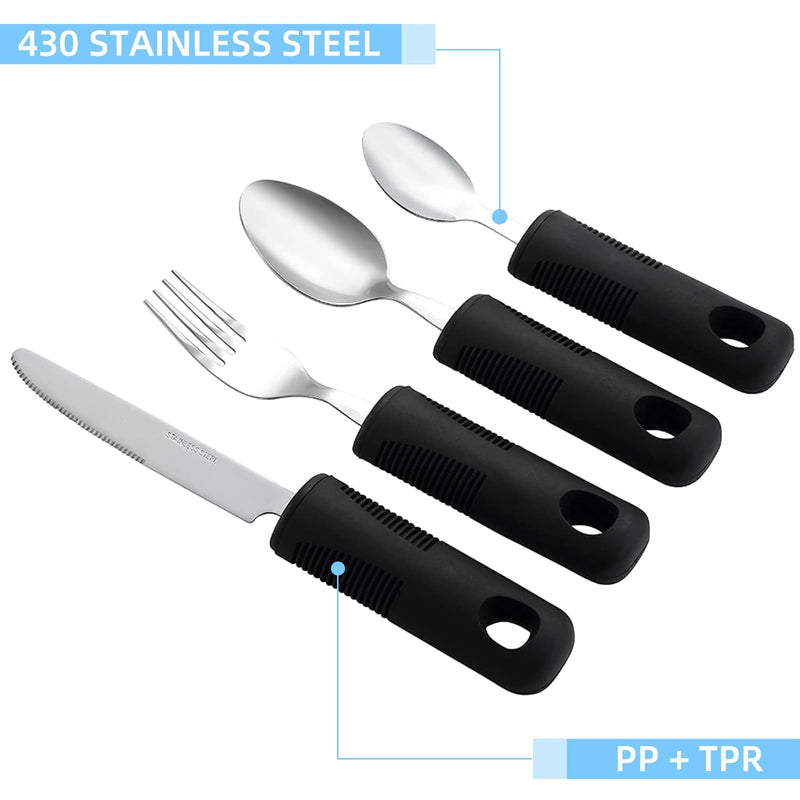 Disability Aids Easy Grip Eating Utensils Set of 4 – Extra Wide Handles, Adaptive Forks and Spoons for Adults, Comfortable Grips Ideal for Elderly, Disabled, Arthritis, Tremors (Straight) Straight