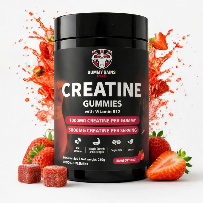 Creatine Gummies – 5000mg Creatine Monohydrate per Serving (1000mg per Gummy) – Vegan, Sugar Free – Gym & Training Support – for Men & Women – 60 Count (Strawberry) Strawberry