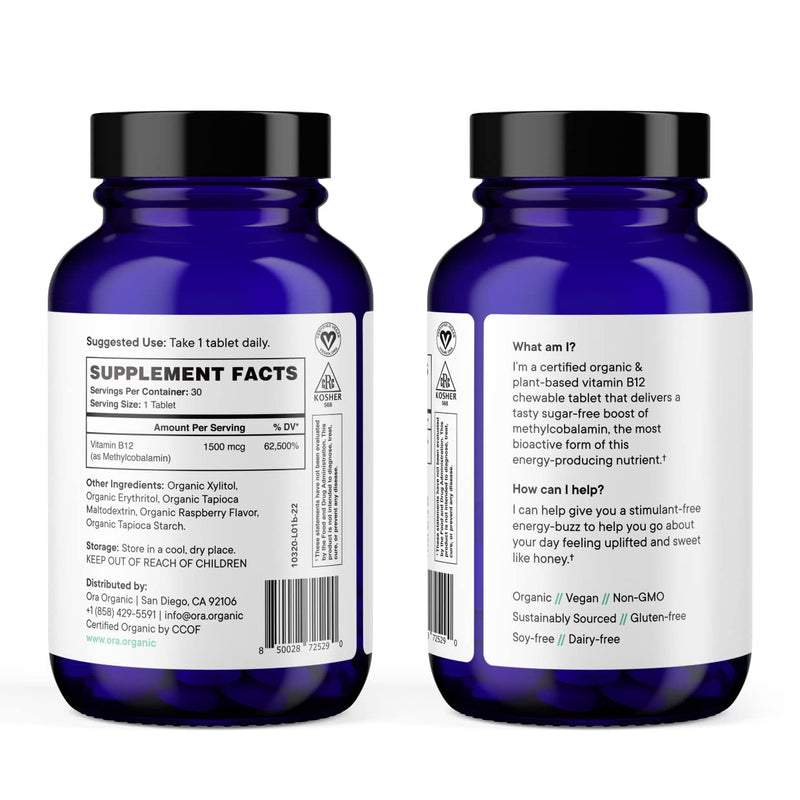 Ora Organic Vitamin B12 1500mcg - Plant-Based methylcobalamin for Adults - Natural Stimulant-Free Energy, Raspberry Flavor chewable Tablets, no Added Sugar - 30 Tablets 30 Count (Pack of 1)