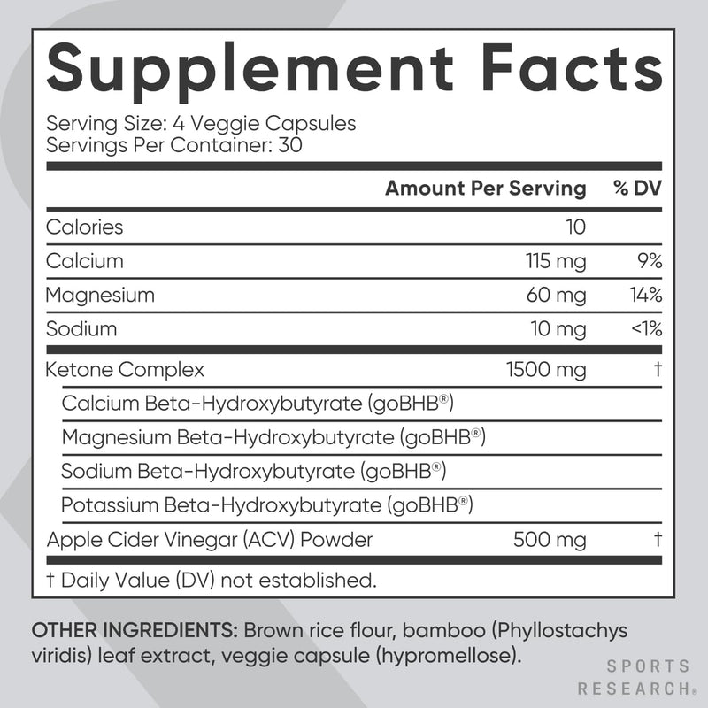 [Australia] - Sports Research® Keto Plus ACV Capsules - Diet Support with 500mg of Apple Cider Vinegar & 1500mg goBHB® Exogenous Ketones - Gluten Free & Keto Certified - 120 Veggie Capsules Unflavored 120 Count (Pack of 1) 