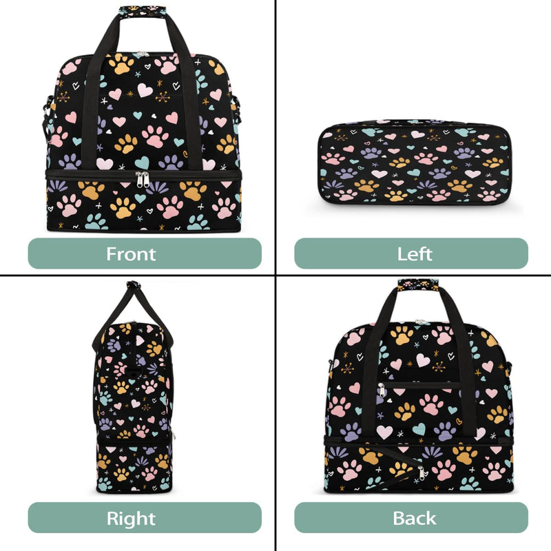 Weekender Bag for Women Man, Paw Prints Foldie Travel Duffel Bag with Shoe Compartment, Carry on Overnight Bag Sports Gym Bag for Airplanes Yoga Dance Beach Swim Hospital A-007