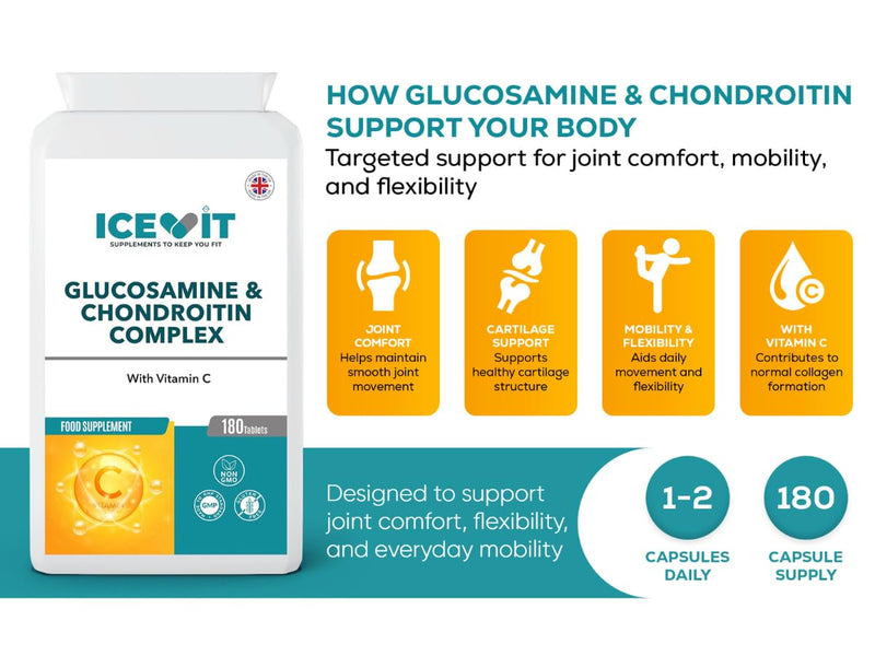 Glucosamine & Chondroitin Complex with Vitamin C – 180 Capsules – Joint Support Supplement – Glucosamine Sulphate & Chondroitin for Cartilage and Mobility – UK Made