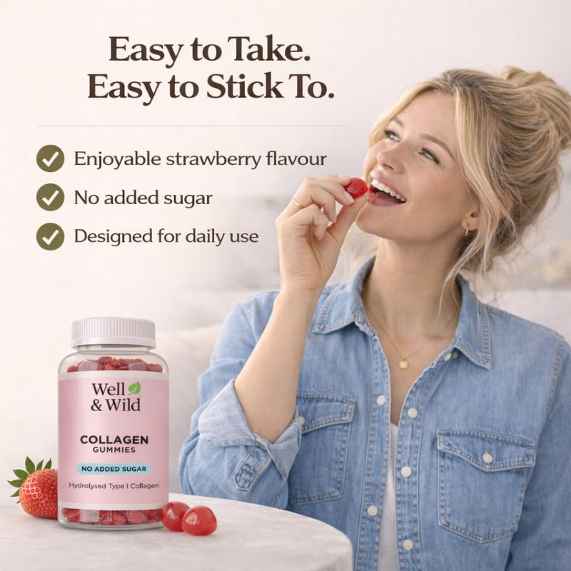 Well & Wild Collagen Gummies with Vitamin C – Marine Collagen Supplement for Skin & Hair Support – No Added Sugar – Strawberry Flavour – 60 Gummies (30 Day Supply)