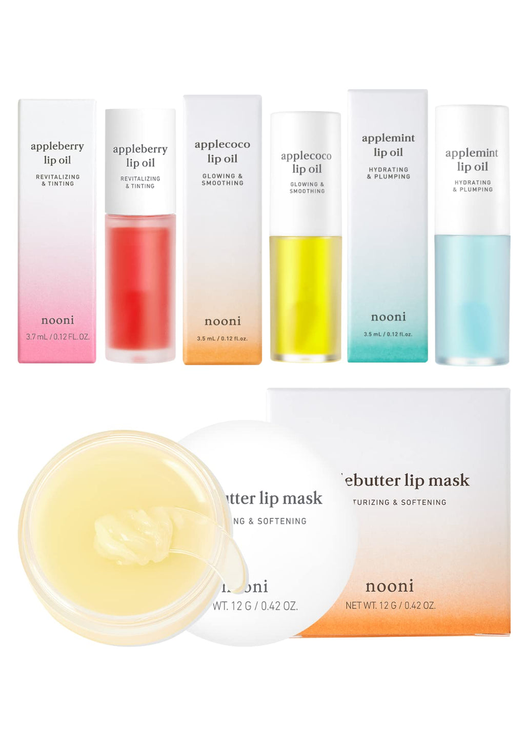 NOONI Applebutter Lip Mask + Lip Oil Collection (Appleberry + Applecoco + Applemint Lip Oil) Lip Care Bundle