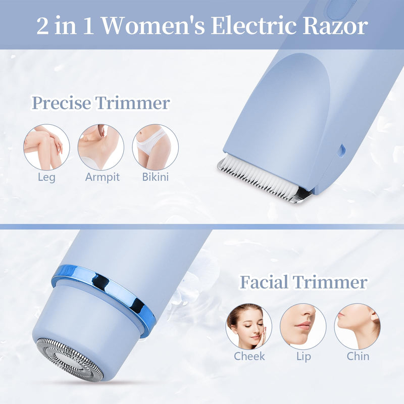 [Australia] - Ladies Electric Razor, 2 in 1 Dual Head Shaver Women, Bikini Trimmer for Women Personal Body Face Leg Arm Hair USB Charge Waterproof Wet and Dry (Blue) Blue 