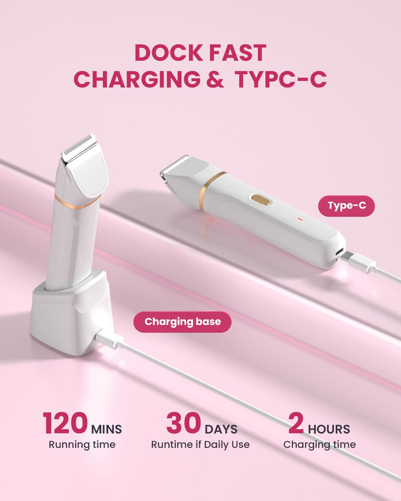 Bikini Trimmer for Women - 5 in 1 Electric Razors for Ladys Pubic Facial Nose Body Leg Hair Removal, Waterproof Electric Shaver for Women Private Area Sensitive Skin, Personal Hair Trimmer White