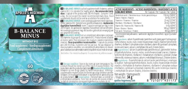 B-Balance Minus - 60 Vegan Capsules - Excluding B12 for Customized Health Strategies - Comprehensive B-Complex for Metabolism & Nervous System Support - by Apollo's Hegemony
