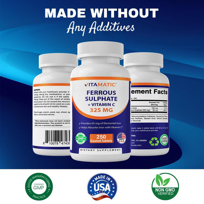 [Australia] - Vitamatic Ferrous Sulphate 325 mg + Vitamin C 100 mg - (65 mg Elemental Iron) High Potency Iron Supplement | No Artificial Color Additives - 250 Coated Tablets - Made in USA 