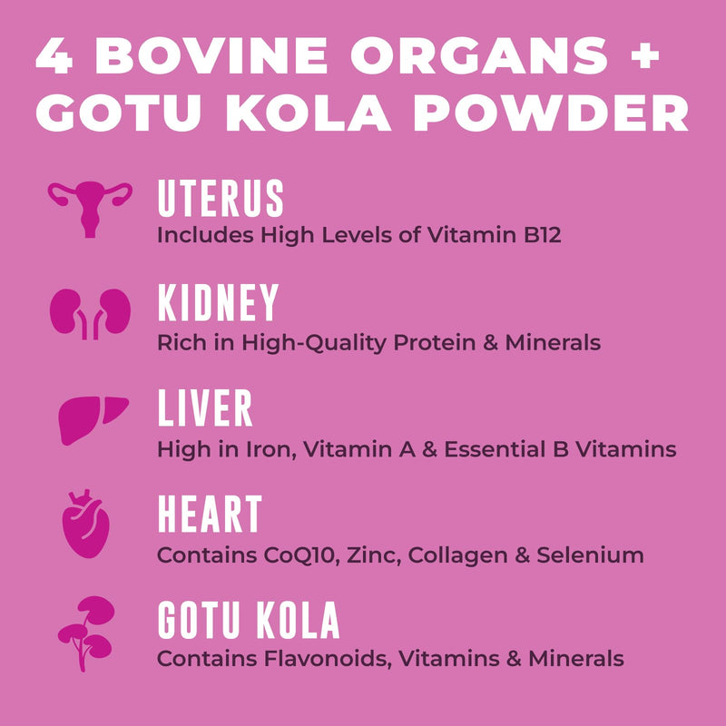 Beef Organ Supplement for Women, 120 Capsules | Beef Liver, Kidney, Heart and Uterus Tissue - Supports Women's Energy & Health - Grass Fed, Pasture Raised, 3rd Party Tested