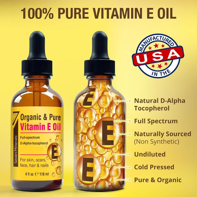 Seven Minerals Ultra Pure Vitamin E Oil for Skin, Face, Hair and Scars 4 Oz | Full-Spectrum D-Alpha Tocopherol from Organic Sunflower Seeds - Naturally Occurring = Not Synthetic 4 Fl Oz (Pack of 1)