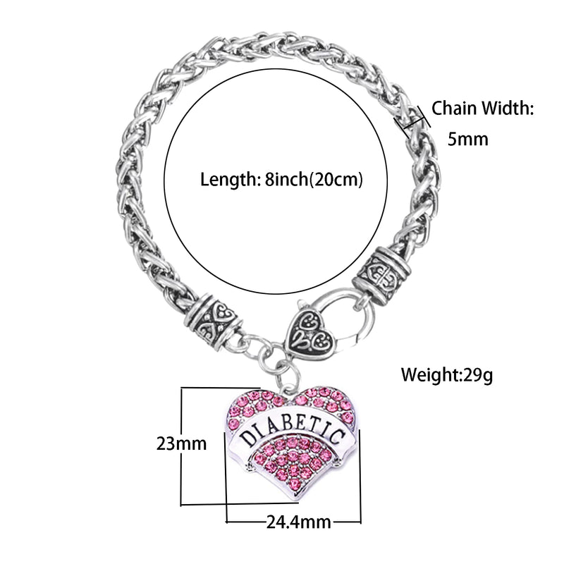 [Australia] - TGLS Heart Diabetes Medical Alert Charm Bracelet for Type 1 and Type 2 Diabetic Jewelry Pink 
