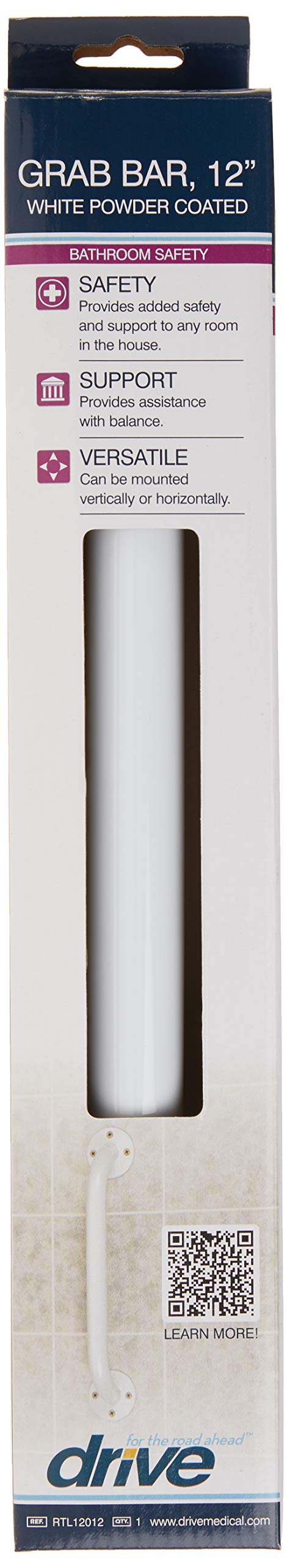 [Australia] - Drive Medical RTL12012 Powder-Coated Grab Bar, White, 1 Count (Pack of 1) 1 Count (Pack of 1) 