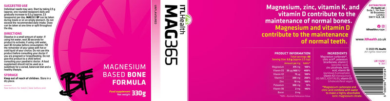 MAG365 BF | ITL Health | Ionic Magnesium Citrate with D3, K2, C, B6, Boron, Zinc & Potassium | Supports Bone & Heart Health, Immunity, Hormone Balance & Stress Relief | Unflavoured, Natural (330g)