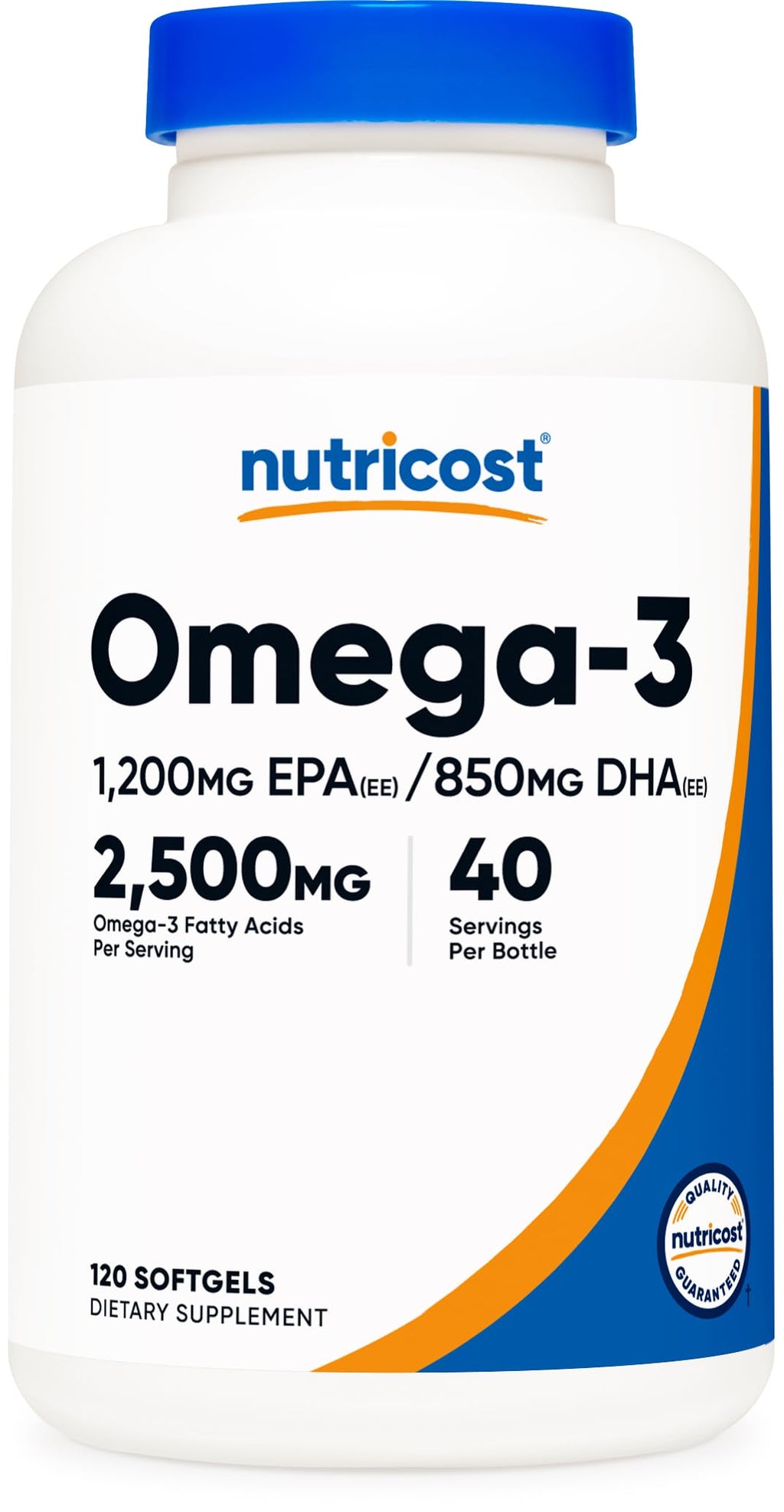 Nutricost Omega 3 Fish Oil - 2500MG, 120 Softgels (40 Serv) - Fish Oil, Wild Caught! 1200mg EPA 850mg DHA - Non-GMO, Gluten Free Unflavored 120 Count (Pack of 1)