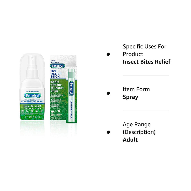 Benadryl Cooling Anti-Itch Spray 2 fl. Oz and Benadryl Extra Strength Itch Relief Stick 0.47 fl. oz, Both with Diphenhydramine 1 ea