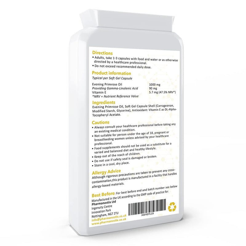 Evening Primrose Oil 1000mg 90 Vegan Softgel Capsules - Cold Pressed - High GLA Formulation with Vitamin E - No GMOs - UK Made by Pharmanostix