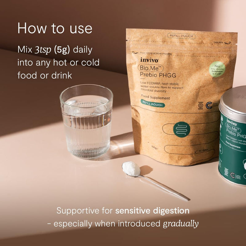 Bio.Me Prebio PHGG Refill Pouch (30 Day Supply) - Prebiotic Fibre Powder Supplement - Water Soluble Fibre to Support Microbial Bacteria Diversity in The Gut - Vegan Friendly & Gluten Free - by Invivo 150g (Pouch)