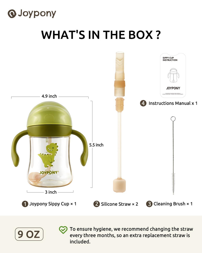 [Australia] - Sippy Cups for Toddlers 1-3, Spill Proof Weighted Straw Cup with Handle for Baby 6 Months + old, 2 Silicone Straws, PPSU, BPA Free, 9 oz (Green) 9 Ounces Green/1 PCS 