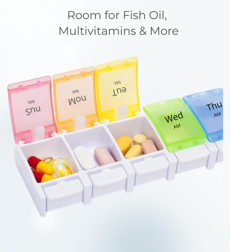 Weekly Pill Organizer 2 Times a Day, 7 Day AM PM Pill Box with Easy Push Button, Separate Morning & Evening Trays, Large Capacity Medicine Organizer for Vitamins, Fish Oil & Supplements, BPA-Free