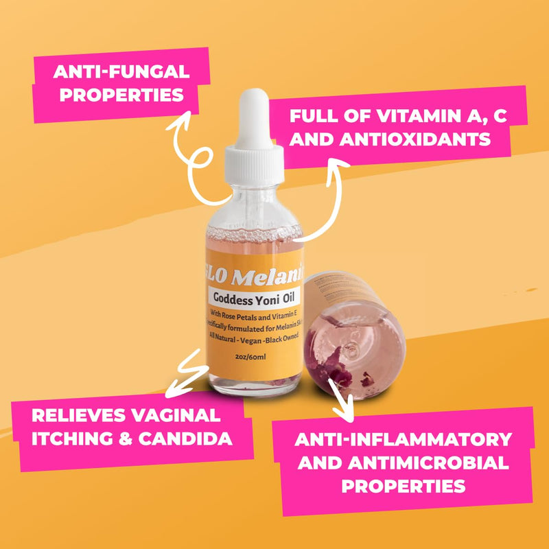 [Australia] - Glo Melanin Yoni Oil Wash for Women pH Balance and Wetness, Vaginal Oil or Feminine Oil for Ingrown Hair with Rose Petals, Almond Oil, Vitamin E Jojoba Oil Herbal Blend for Yoni Care (2 oz / 60ml) 