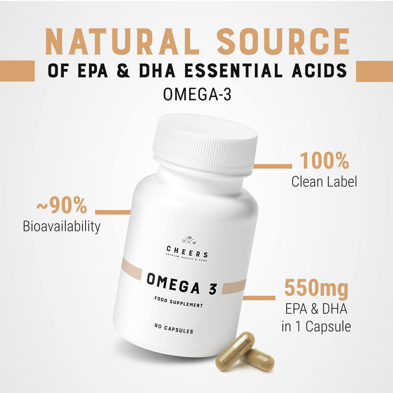 CHEERS - Omega 3, 90 Capsules, High-Strength Fish Oil Contains 550 mg of EPA and DHA per Capsule, Immune and Heart Health Support Vitamins
