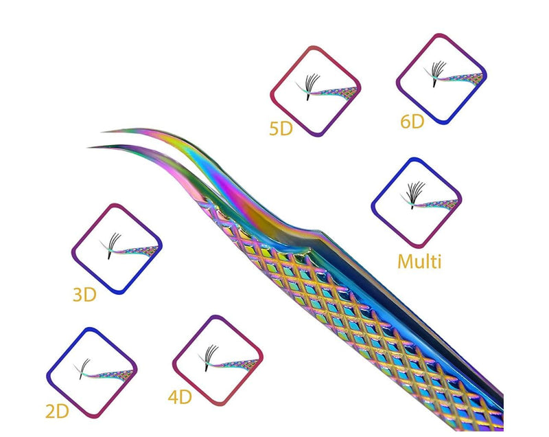 UM Supplies Eyelash Extension Tweezers pack of 5 | Professional Japanese Stainless Steel Tools | Straight | Curved | Angled | Tip 45 Degree | 90 Degree Volume Tweezers Precision Degree l Rainbow