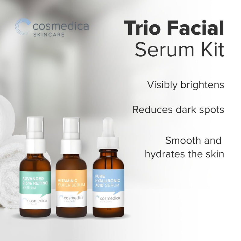 Cosmedica Skincare Facial Serum Trio Set – Vitamin C, Retinol & Hyaluronic Acid Serums for Face – Hydrating & Smoothing Skincare – Vegan, Cruelty Free (6 x 1.47 oz) 1.47 Fl Oz (Pack of 6)