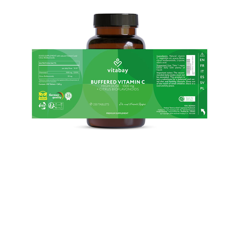 Vitabay Vitamin C 1000mg – 250 Vegan Time Release Tablets – Buffered Vitamin C with 50mg Citrus Flavonoids – from Plant Fermentation with Acacia Fibers – Laboratory Tested in Germany 365 g (Pack of 1)