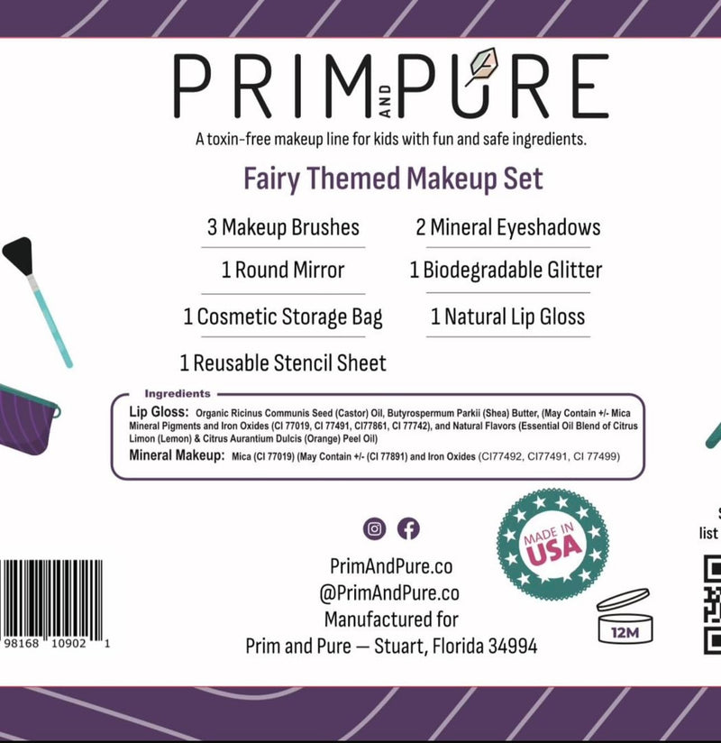 [Australia] - Prim and Pure Kids Makeup Gift Set - Stencil, Makeup Eyeshadow Bioglitter Lip Gloss and Cosmetic Bag Mirror Makeup Brush Accessories (Fairy Purple) Fairy Purple 
