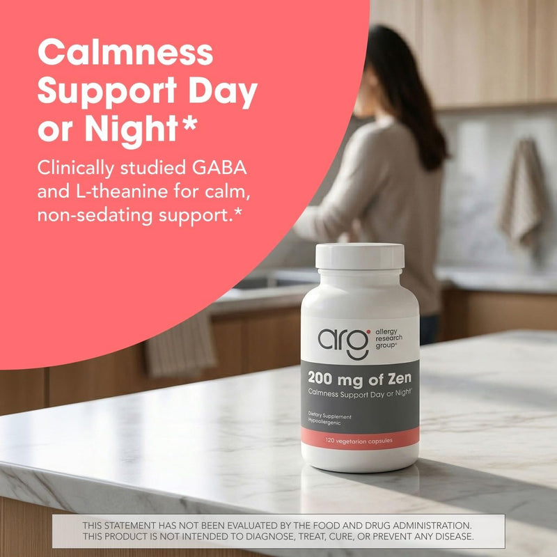 Allergy Research Group ARG 200 mg of Zen L-Theanine and GABA, 120 Capsules | 200 mg L-Theanine and 550 mg GABA for Calm and Stress Balance, Vegetarian and Hypoallergenic 120 Count (Pack of 1)