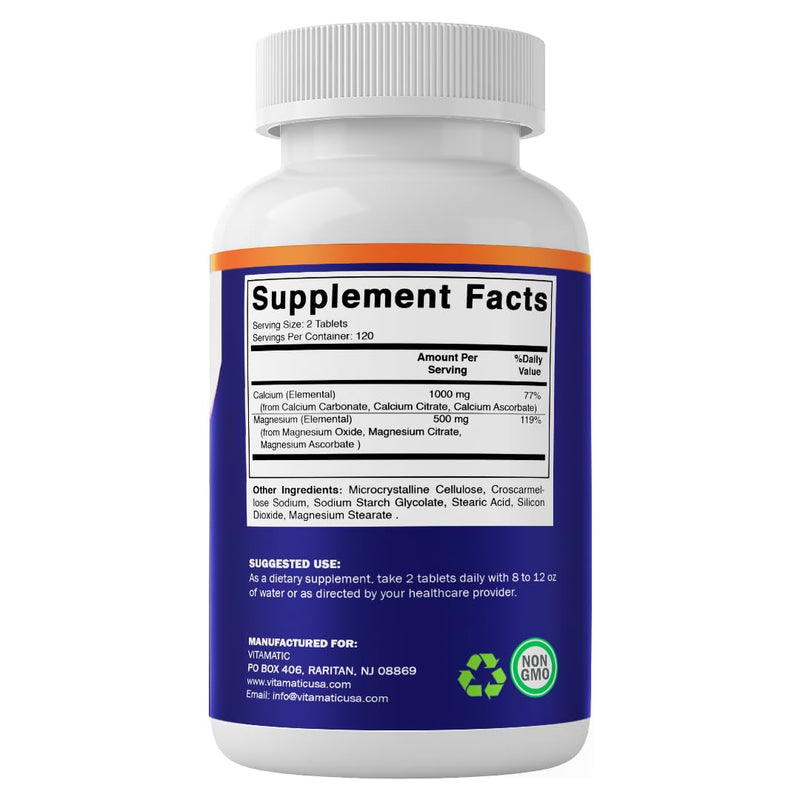 Vitamatic Calcium Magnesium Complex - 1000mg Calcium, 500mg Magnesium, Gluten-Free & Gluten Free - Supplement for Bone Health – 240 Tablets