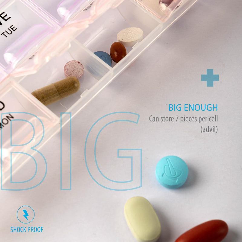 Deke Home - Pill Organizer 4 Times a Day, Weekly Medicine Box with Morning, Noon, Evening, Bed Compartments, Large, Translucent, Easy-to-Open Pill Case, 7-Day Travel Medication Organizer for Vitamins. 1 Count (Pack of 1)
