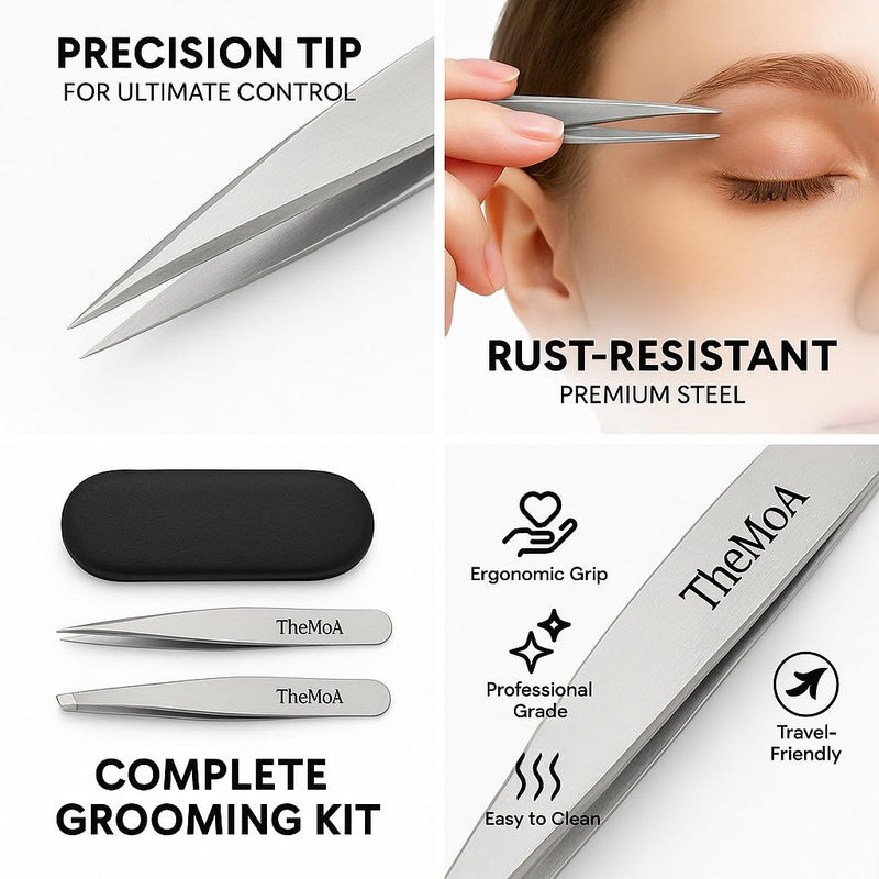 THEMOA Precision Tweezers Set – Stainless Steel Pointed & Slant Tip Tweezers for Eyebrow, Facial Hair, Ingrown Hair, Professional Beauty Tool with Case