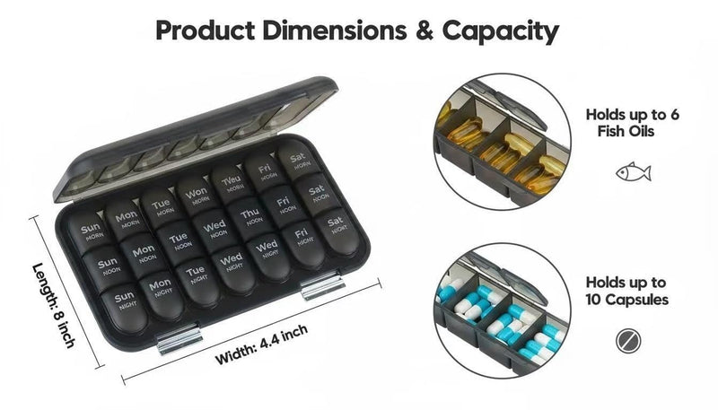 Moisture-Proof Weekly Pill Organizer, 3 Times a Day Large Capacity 7-Day Travel Pill Box with Labels, Double Protection Daily Medicine Container for Vitamins/Supplements - Black