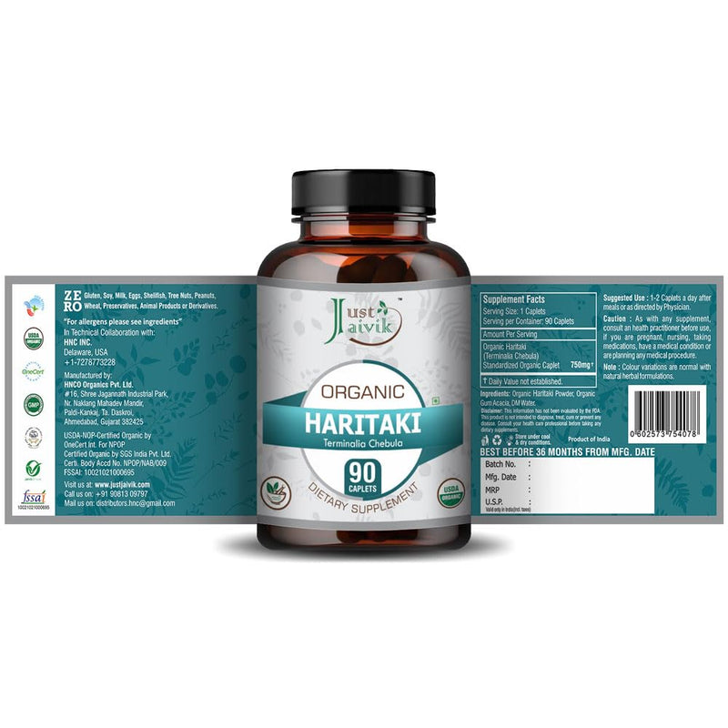 [Australia] - Just Jaivik Organic Haritaki (Terminalia Chebula) Tablets As Dietary Supplements - 750mg (90 Tablets) | Detoxification & Rejuvenation for Vata 