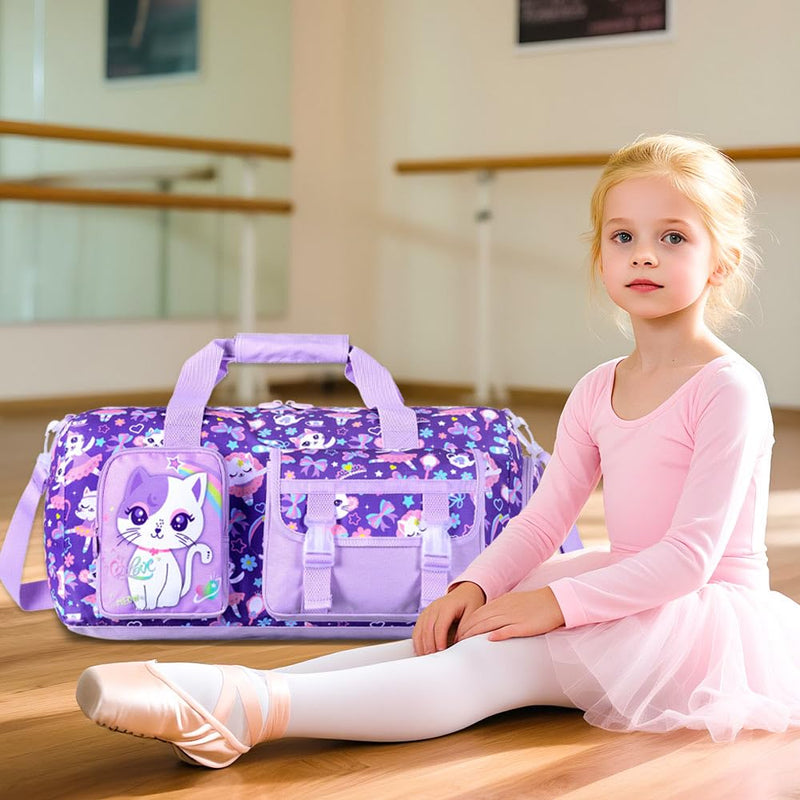 Kids Cat Duffle Bag for Girls, Water-Resistant Travel & Weekender Bag with Shoe Compartment for Sports, Gym & Sleepovers Cute Cat Duffle Bag Purple