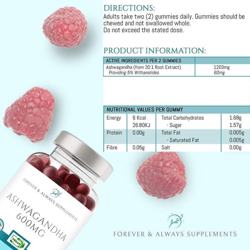 Ashwagandha High Strength Gummies (150) 1200mg per serv - Raspberry Flavoured Gummies for Adults - Sleep, Mind, Calm, Focus & Melatonin Support Supplements