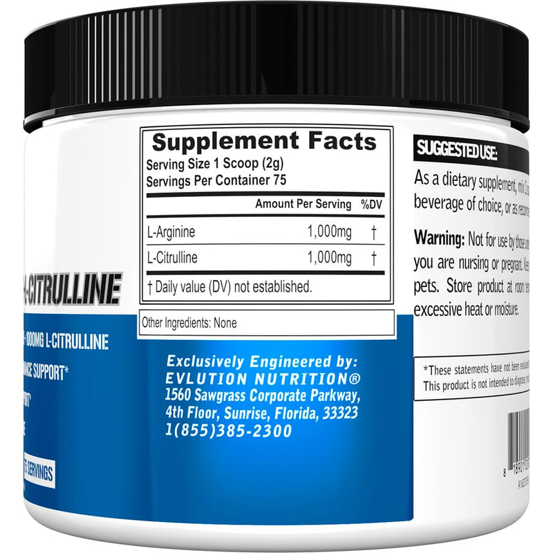 [Australia] - Evlution Nutrition L-Arginine + L-Citrulline - Endurance + Workout Performance Supplement - 2000mg Complex - Vasodilation + Nitric Oxide Support - Vegan + Gluten Free Powder - 75 Servings 