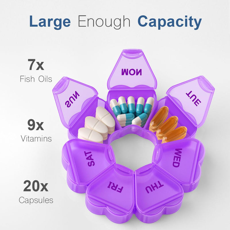 Large Weekly Pill Organizer, Pill Box 7 Day, KAPENS Daily Vitamin Case Large Capacity Compartments, Pill Containers for Fish Oil Medicine Supplements, Purple
