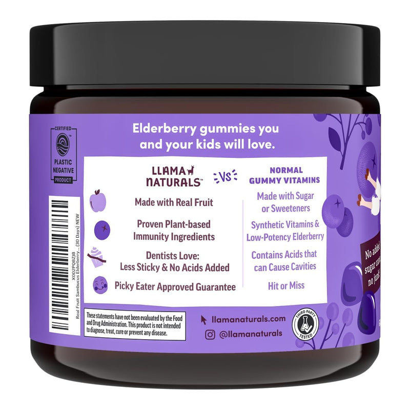 [Australia] - Llama Naturals Elderberry Gummies for Kids, Vegan, Organic Immune Support Supplement with Vitamin C and Zinc, Toddler Real Fruit Gummy Vitamins for Immunity, Chewable, No Added Sugar Cane, 60 Ct Kids Elderberry 60 Count (Pack of 1) 