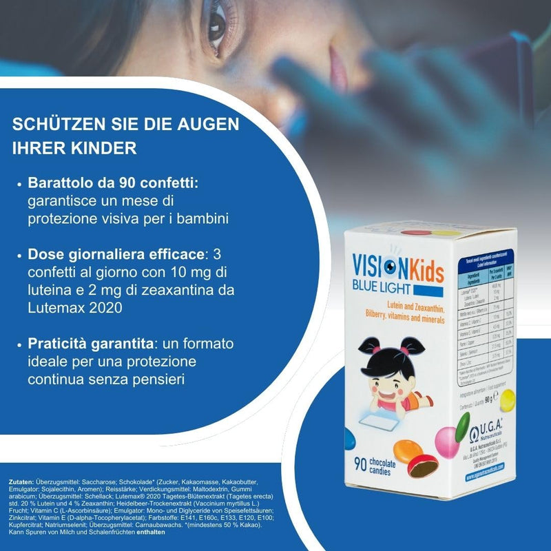 [Australia] - VISION Kids BLUE LIGHT - Protection against blue light from tablets, PCs and smartphones - Zinc, vitamins C and E - Lutein and zeaxanthin - For children - 90 chocolate flavored candies 