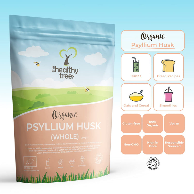 Organic Psyllium Husk (Whole) by TheHealthyTree Company - High Fibre Prebiotic - Pure Vegan Organic Psyllium Husks (250g) 250 g (Pack of 1)