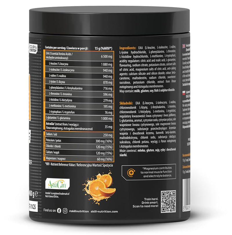 Skill Nutrition EAA + Electrolytes - Orange Flavour | 6.5 g EAA per Serving | BCAA 2:1:1, 1000 mg L-Glutamine, Electrolytes & AstraGin® | Powder Supplement | 450 g