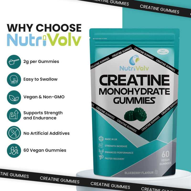 Creatine Monohydrate Gummies | 60 Count | Blueberry Flavour | Muscle Growth & Recovery | Supplements for Men & Women | Vegan Friendly | Gym Pre Workout Chewable Gummies | 1 Month Supply | by NutriVolv
