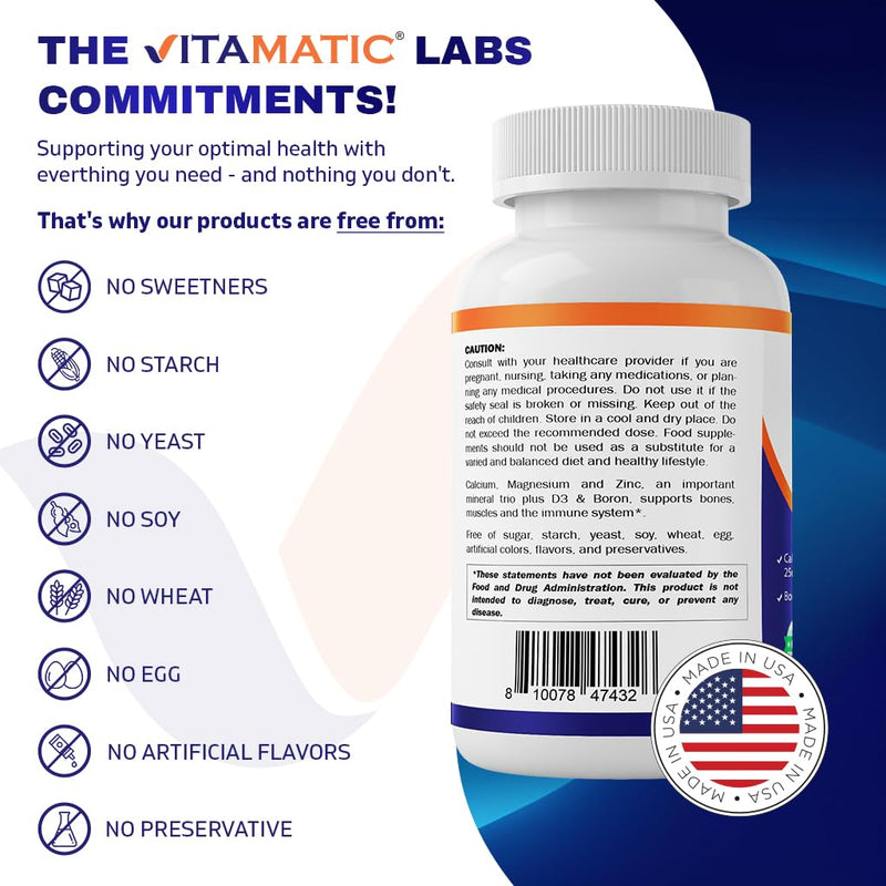 [Australia] - Vitamatic Calcium Magnesium Zinc D3 Boron | 365 Coated Tablets Supplement | Calcium 1200 mg, Magnesium 420mg, Zinc 25mg, Vitamin D3 1000 IU, Boron 1 mg | Non-GMO | Gluten Free | Made in USA 