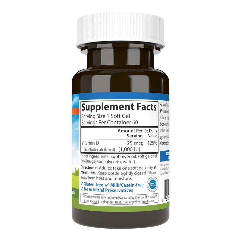 Carlson Vitamin D3, 1000 IU (25 mcg), Bone Health, 60 Softgels | Muscle Health; Cholecalciferol; Vitamin D Supplements; Vitamin D3 Soft Gels 60 Count (Pack of 1)