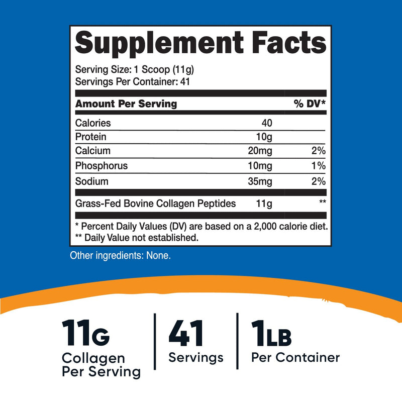 [Australia] - Nutricost Grass-Fed Collagen Powder 1LB (454 G) - Bovine Collagen Hydrolysate (Unflavored) - Collagen Peptides 41 Servings (Pack of 1) 