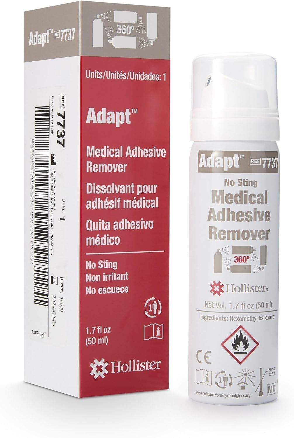 Hollister Adapt Medical Adhesive Remover, No Sting, 360° Spray 1.7 Oz 1.7 Fl Oz (Pack of 1)